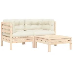 3-delige Loungeset met crèmekleurige kussens massief grenenhout 3-delige Loungeset met crèmekleurige kussens massief grenenhout