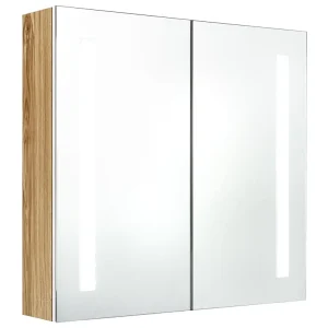 Badkamerkast met spiegel en LED 62x14x60 cm wit en eikenkleurig Badkamerkast met spiegel en LED 62x14x60 cm wit en eikenkleurig
