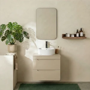 Enkel hangend badkamermeubel met ronde opzetwastafel, kleur beige, 60 cm, ARUBA Enkel hangend badkamermeubel met ronde opzetwastafel, kleur beige, 60 cm, ARUBA