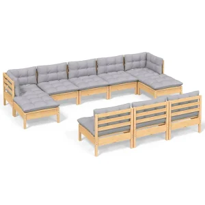 10-delige Loungeset met grijze kussens grenenhout 10-delige Loungeset met grijze kussens grenenhout