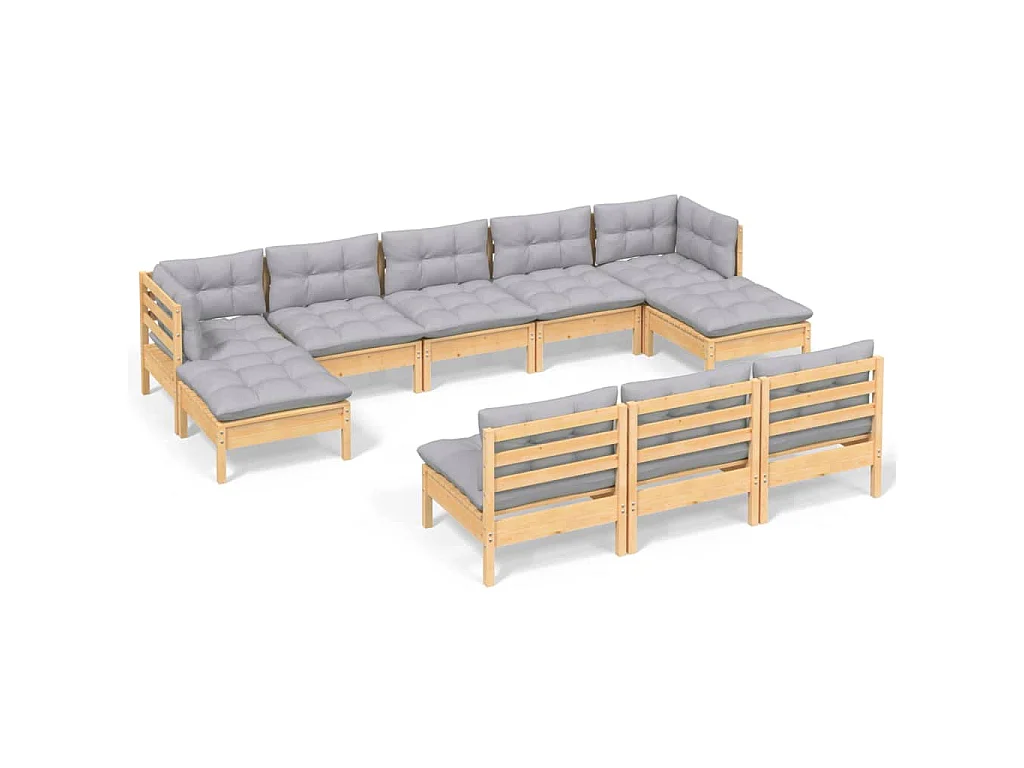 10-delige Loungeset met grijze kussens grenenhout