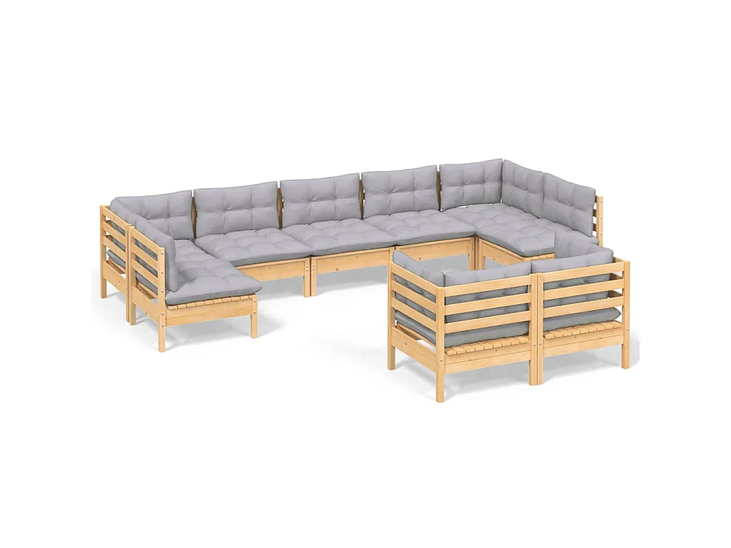 9-delige Loungeset met grijze kussens massief grenenhout