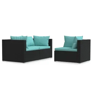 3-delige Loungeset met kussens poly rattan zwart 3-delige Loungeset met kussens poly rattan zwart