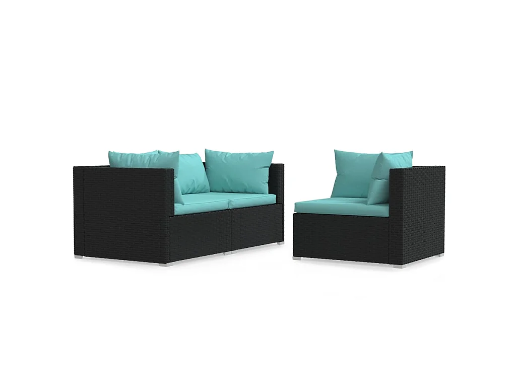 3-delige Loungeset met kussens poly rattan zwart