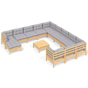13-delige Loungeset met grijze kussens grenenhout 13-delige Loungeset met grijze kussens grenenhout