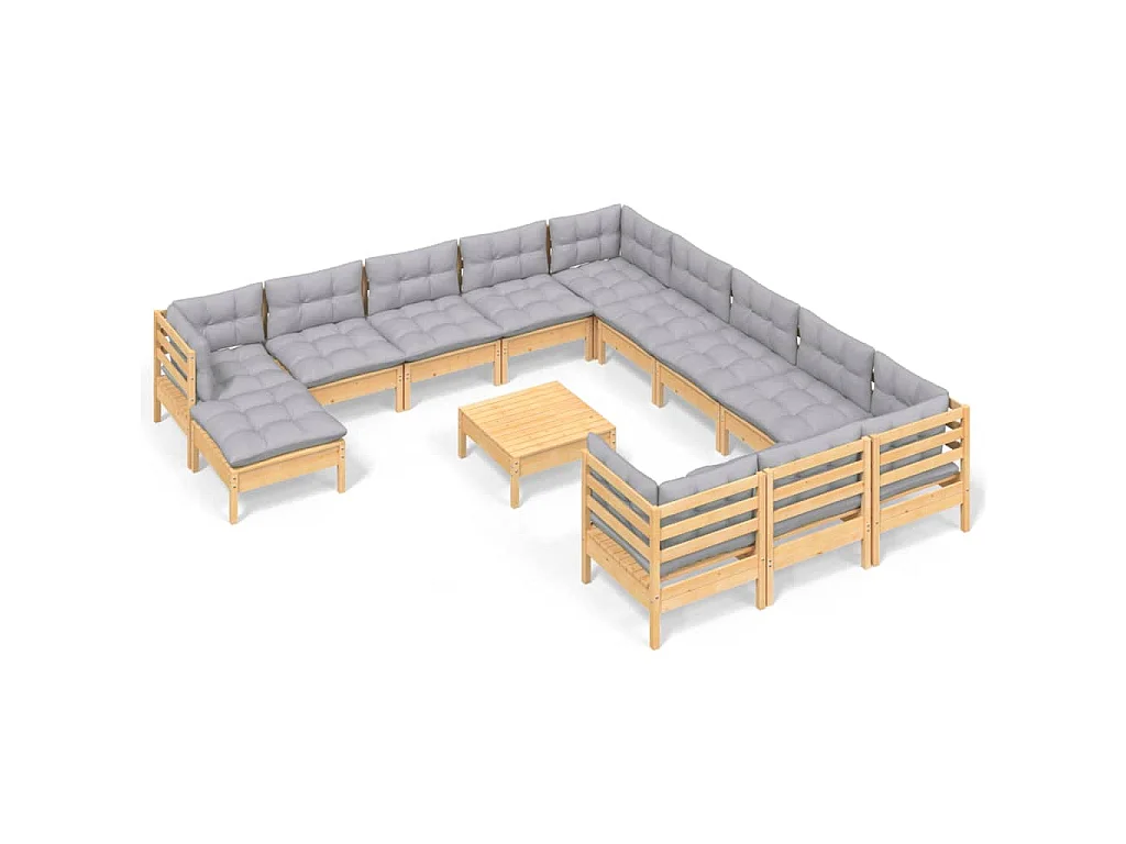 13-delige Loungeset met grijze kussens grenenhout