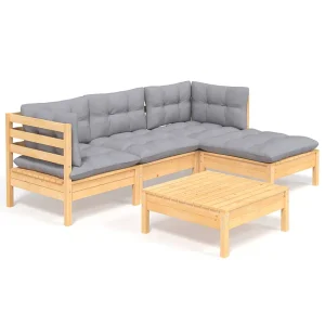 5-delige Loungeset met grijze kussens grenenhout