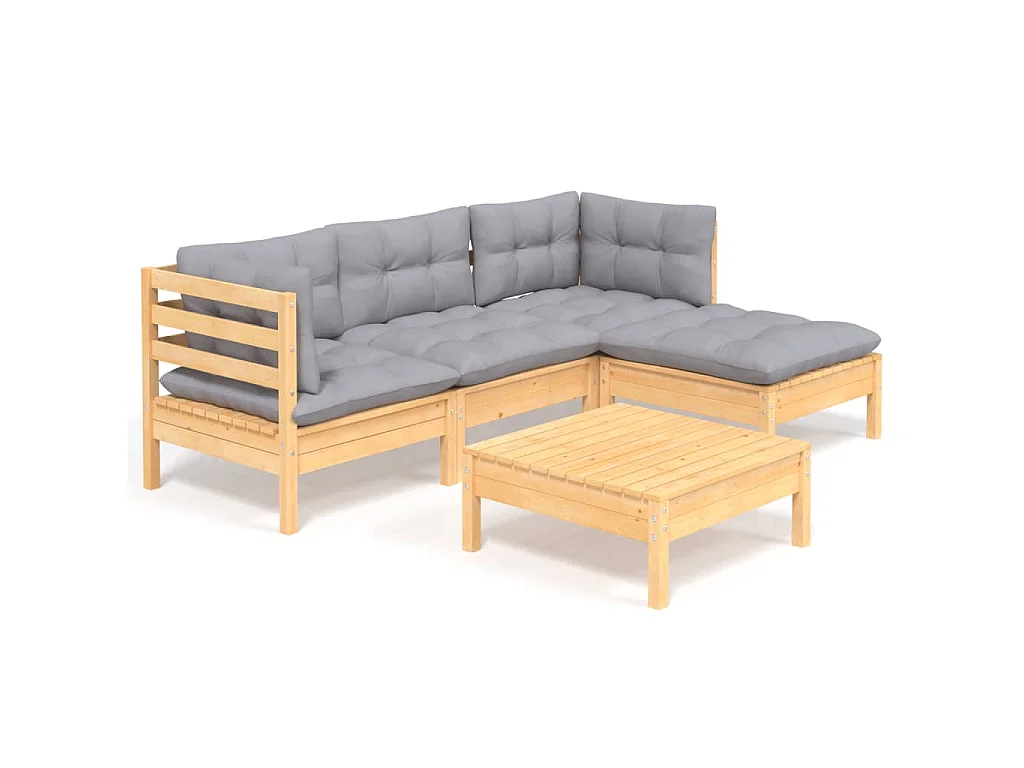 5-delige Loungeset met grijze kussens grenenhout
