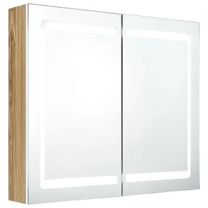 Badkamerkast met spiegel en LED 80x12x68 cm wit en eikenkleurig Badkamerkast met spiegel en LED 80x12x68 cm wit en eikenkleurig