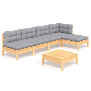 6-delige Loungeset met grijze kussens grenenhout 6-delige Loungeset met grijze kussens grenenhout