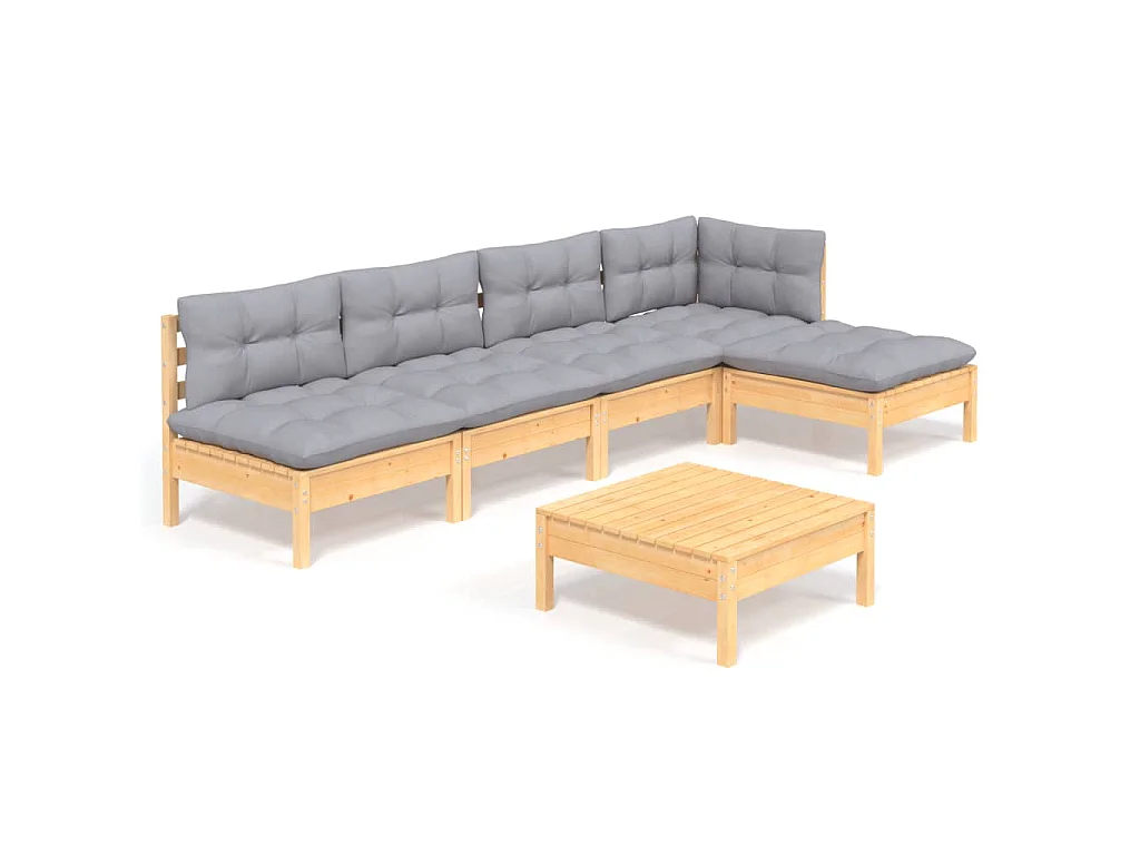 6-delige Loungeset met grijze kussens grenenhout