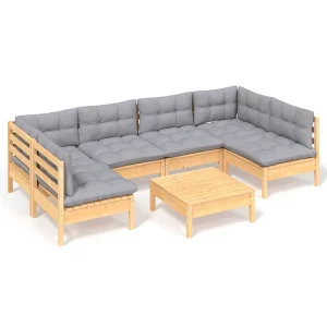7-delige Loungeset met grijze kussens massief grenenhout 7-delige Loungeset met grijze kussens massief grenenhout