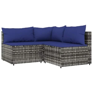 3-delige Loungeset met kussens poly rattan grijs