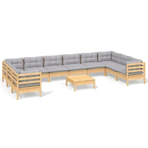 11-delige Loungeset met grijze kussens grenenhout 11-delige Loungeset met grijze kussens grenenhout