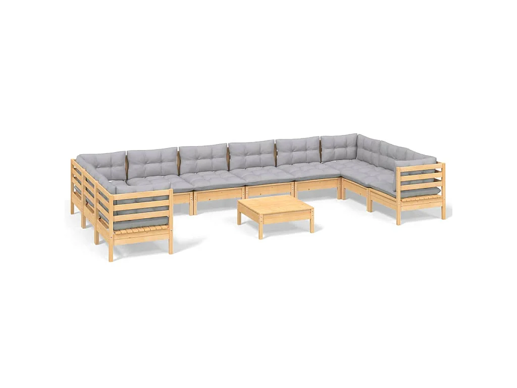 11-delige Loungeset met grijze kussens grenenhout