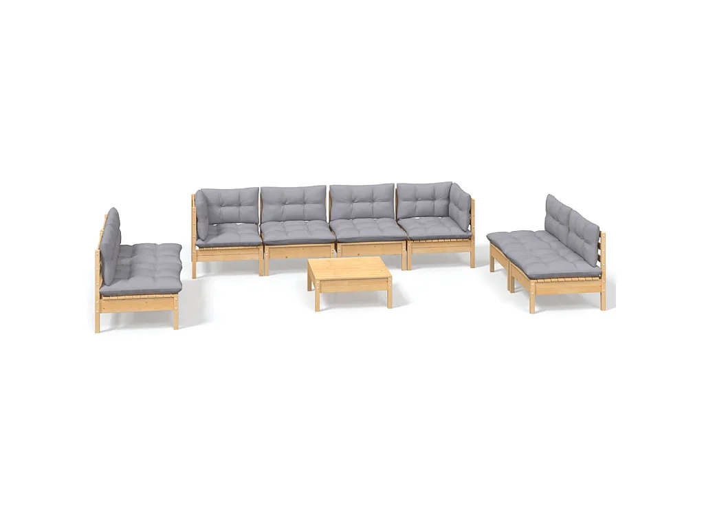9-delige Loungeset met grijze kussens grenenhout