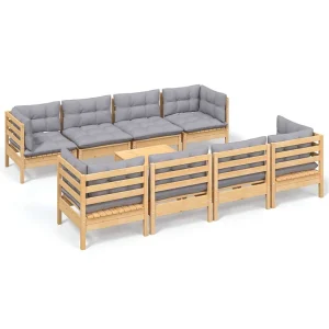 9-delige Loungeset met grijze kussens grenenhout 9-delige Loungeset met grijze kussens grenenhout