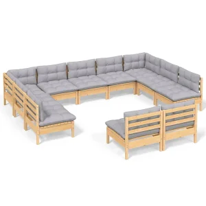 11-delige Loungeset met grijze kussens massief grenenhout 11-delige Loungeset met grijze kussens massief grenenhout