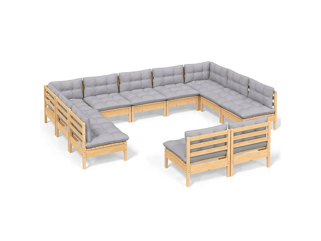 11-delige Loungeset met grijze kussens massief grenenhout