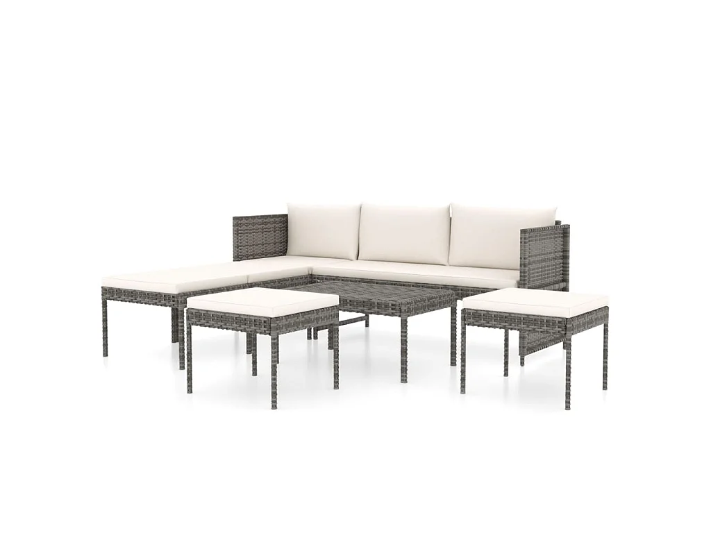 6-delige Loungeset met kussens poly rattan grijs