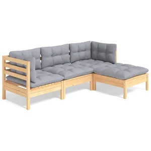 4-delige Loungeset met grijze kussens grenenhout 4-delige Loungeset met grijze kussens grenenhout