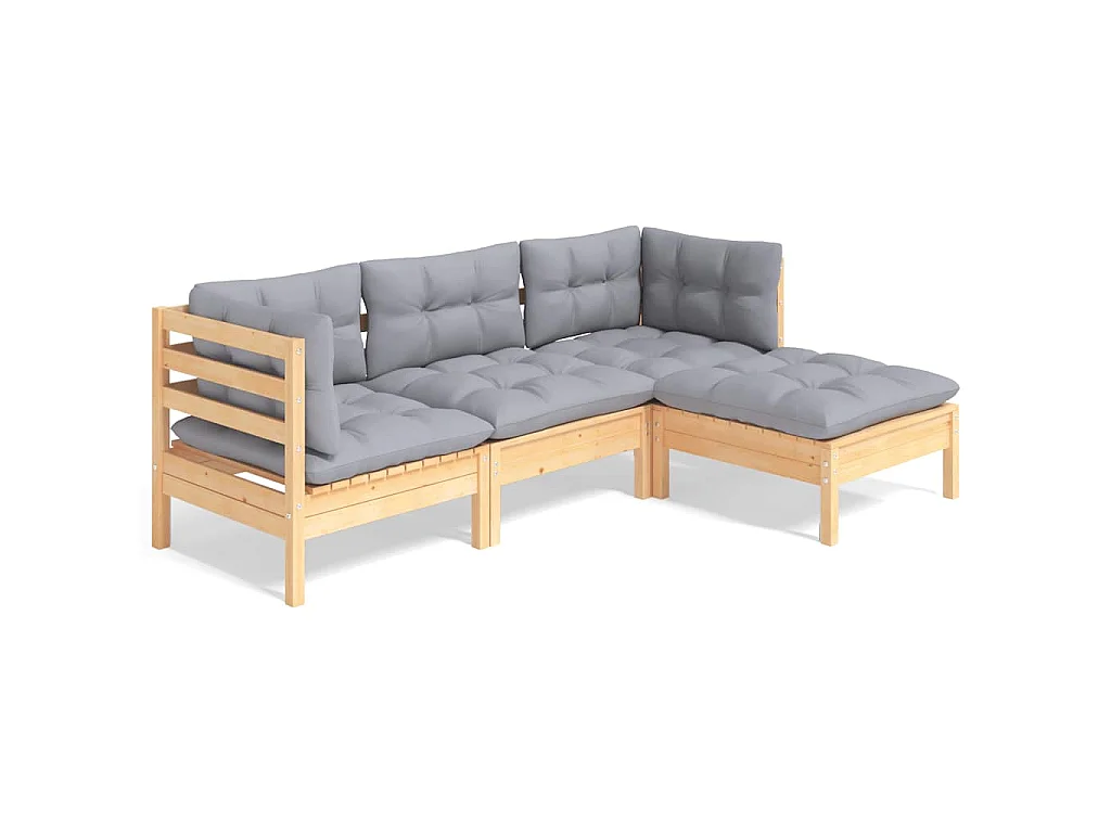 4-delige Loungeset met grijze kussens grenenhout