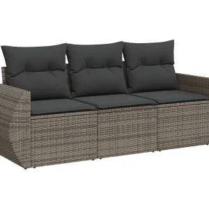 3-delige Loungeset met kussens poly rattan grijs