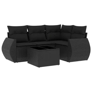 5-delige Loungeset met kussens poly rattan zwart 5-delige Loungeset met kussens poly rattan zwart