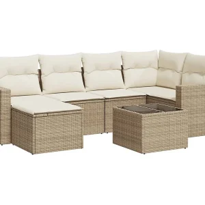 7-delige Loungeset met kussens poly rattan beige