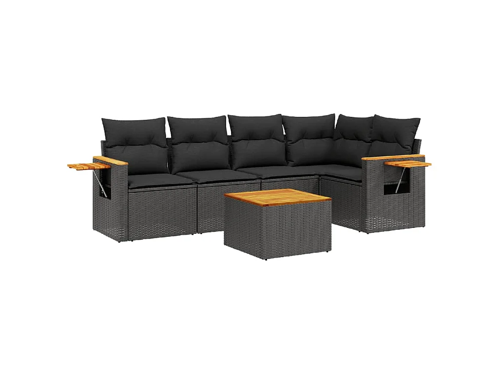 6-delige Loungeset met kussens poly rattan zwart