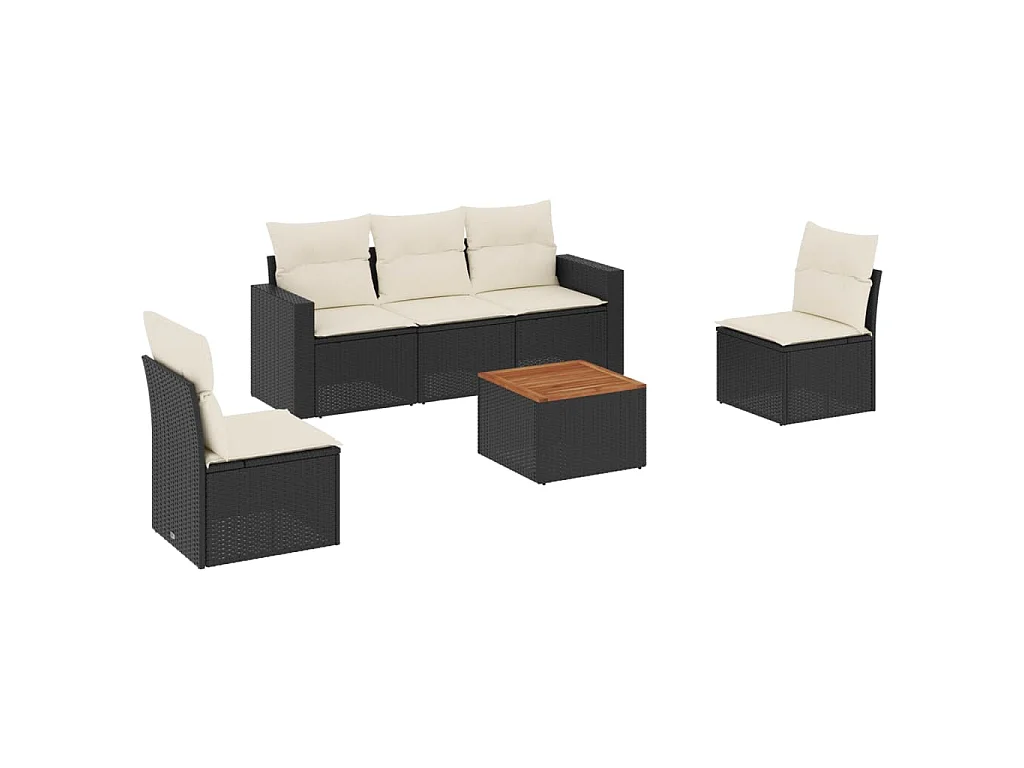 6-delige Loungeset met kussens poly rattan zwart