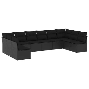 10-delige Loungeset met kussens poly rattan zwart 10-delige Loungeset met kussens poly rattan zwart