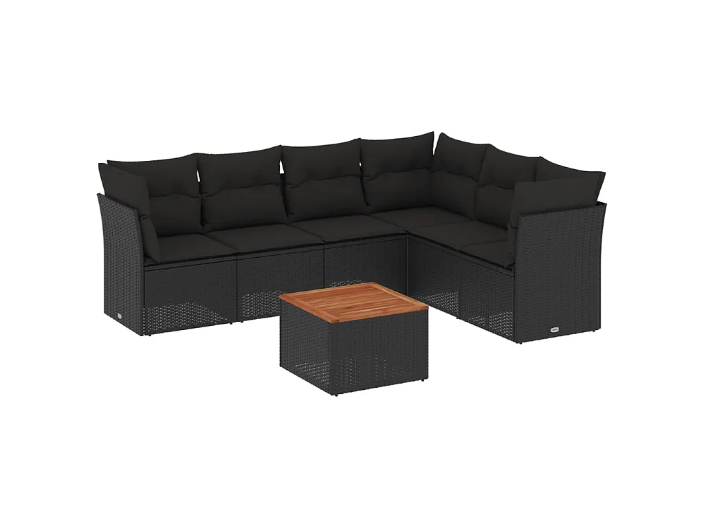7-delige Loungeset met kussens poly rattan zwart