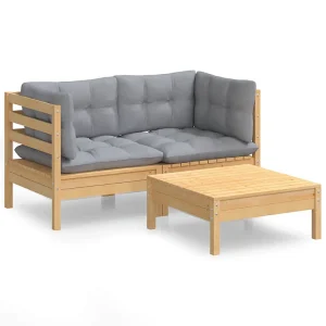 3-delige Loungeset met grijze kussens grenenhout 3-delige Loungeset met grijze kussens grenenhout