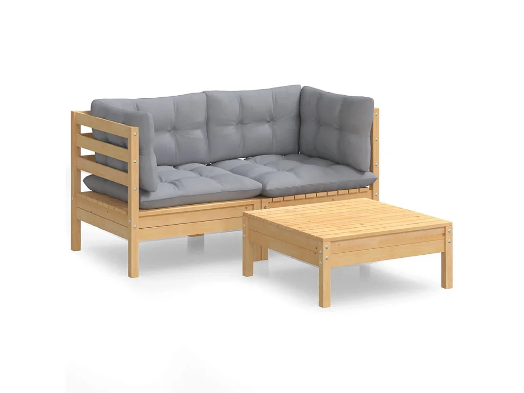 3-delige Loungeset met grijze kussens grenenhout