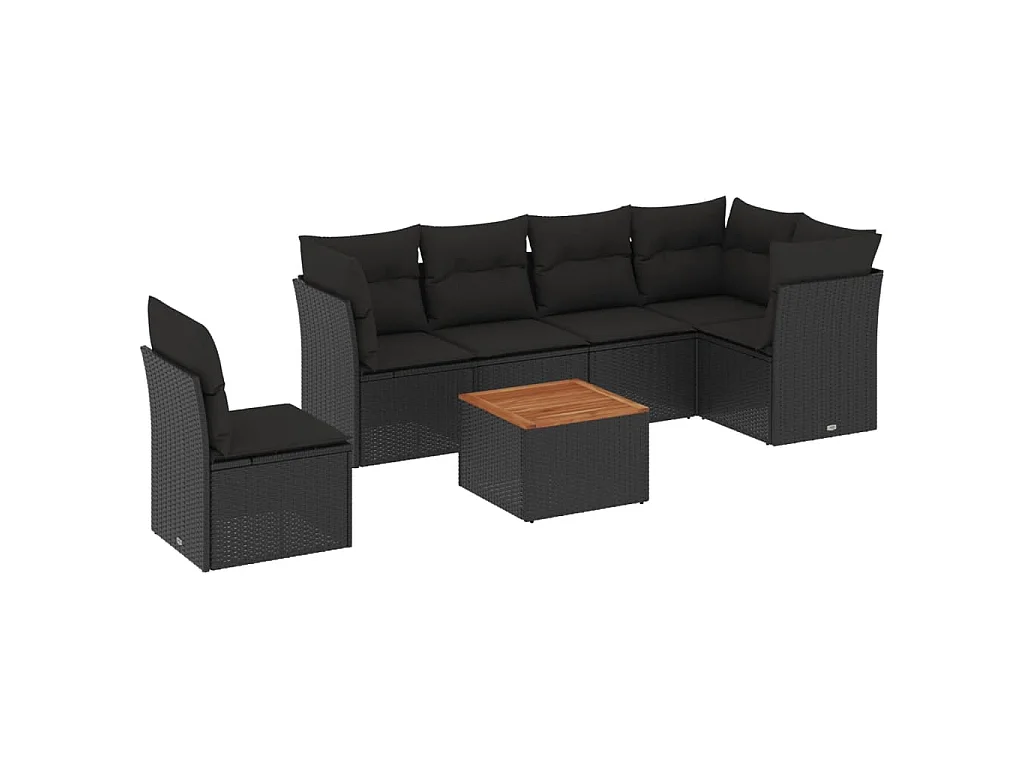 7-delige Loungeset met kussens poly rattan zwart