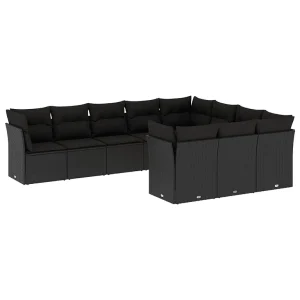 10-delige Loungeset met kussens poly rattan zwart 10-delige Loungeset met kussens poly rattan zwart