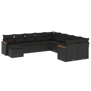 11-delige Loungeset met kussens poly rattan zwart