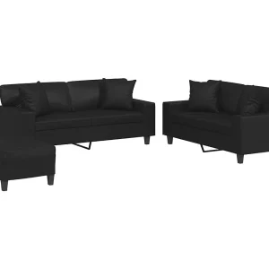 3-delige Loungeset met kussens kunstleer zwart