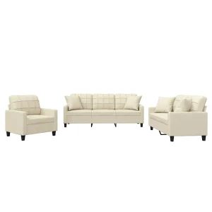 3-delige Loungeset met kussens kunstleer crèmekleurig