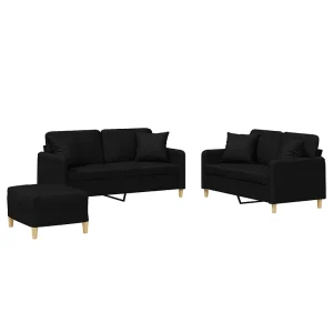 3-delige Loungeset met kussens stof zwart 3-delige Loungeset met kussens stof zwart