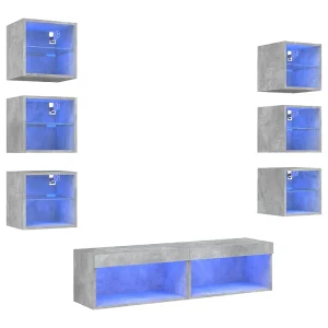 8-delige Tv-wandmeubelset met LED bewerkt hout betongrijs