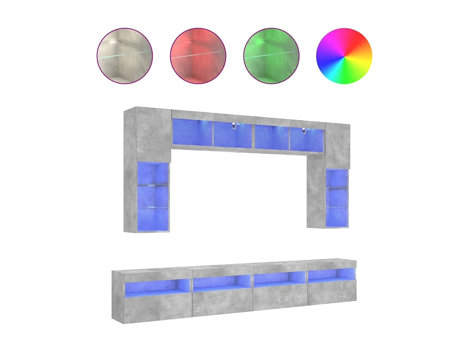 8-delige Tv-wandmeubelset met LED-verlichting betongrijs