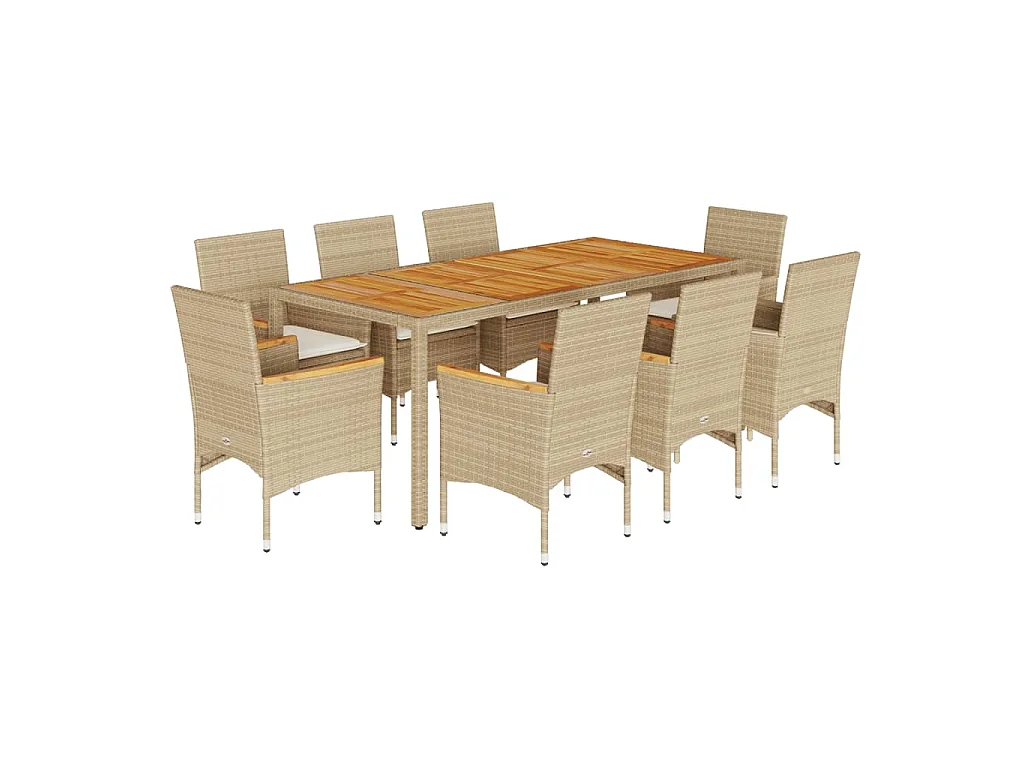 9-delige Tuinset met kussens poly rattan en acaciahout beige