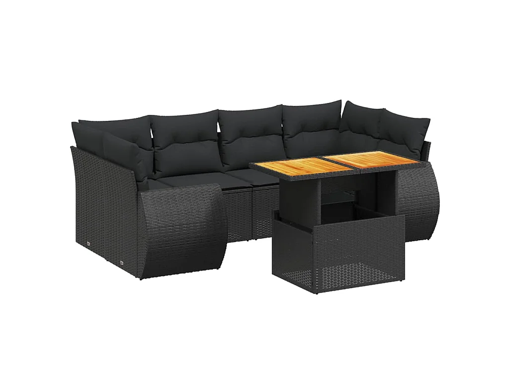 7-delige Loungeset met kussens poly rattan zwart