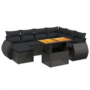 8-delige Loungeset met kussens poly rattan zwart
