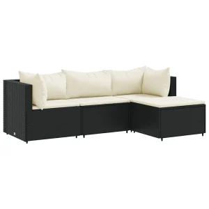 4-delige Loungeset met kussens poly rattan zwart 4-delige Loungeset met kussens poly rattan zwart