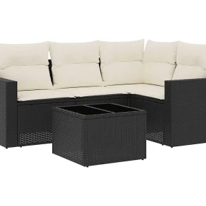 5-delige Loungeset met kussens poly rattan zwart
