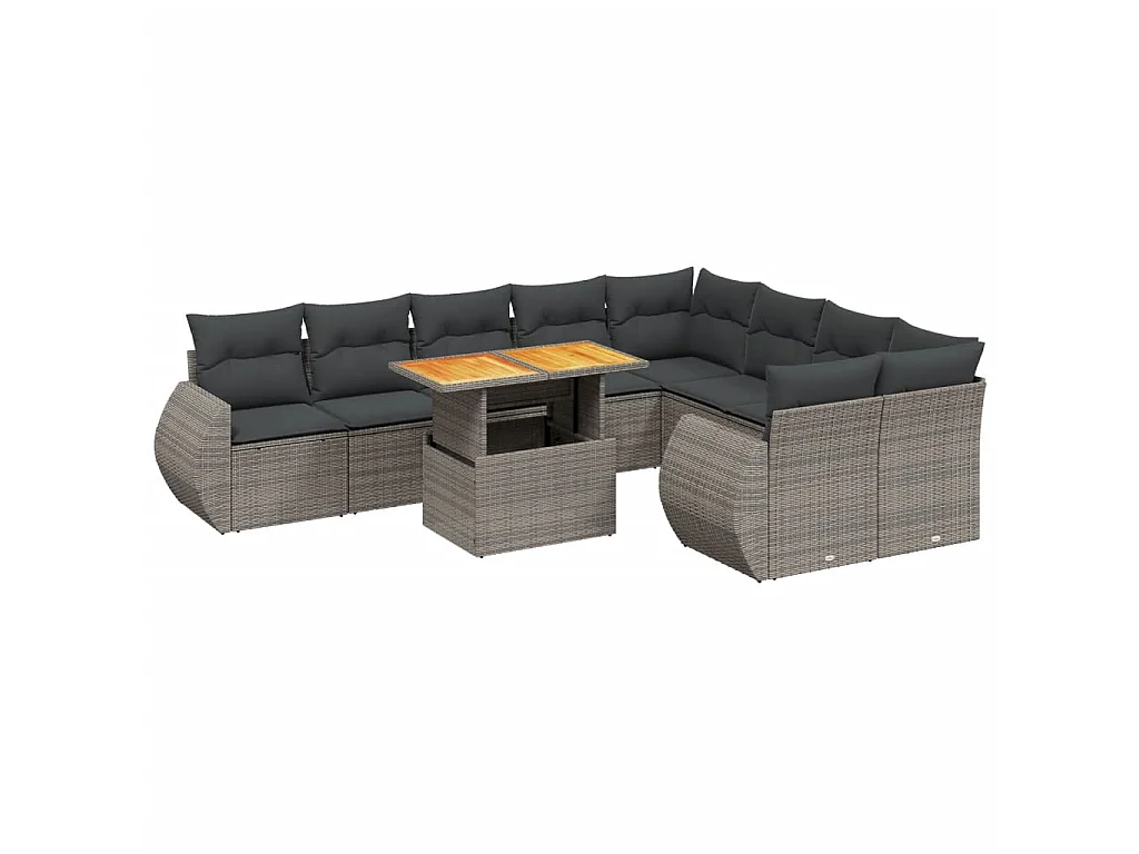 10-delige Loungeset met kussens poly rattan grijs