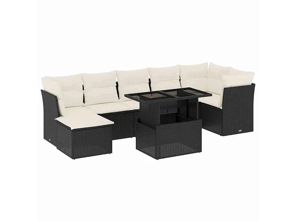 8-delige Loungeset met kussens poly rattan zwart